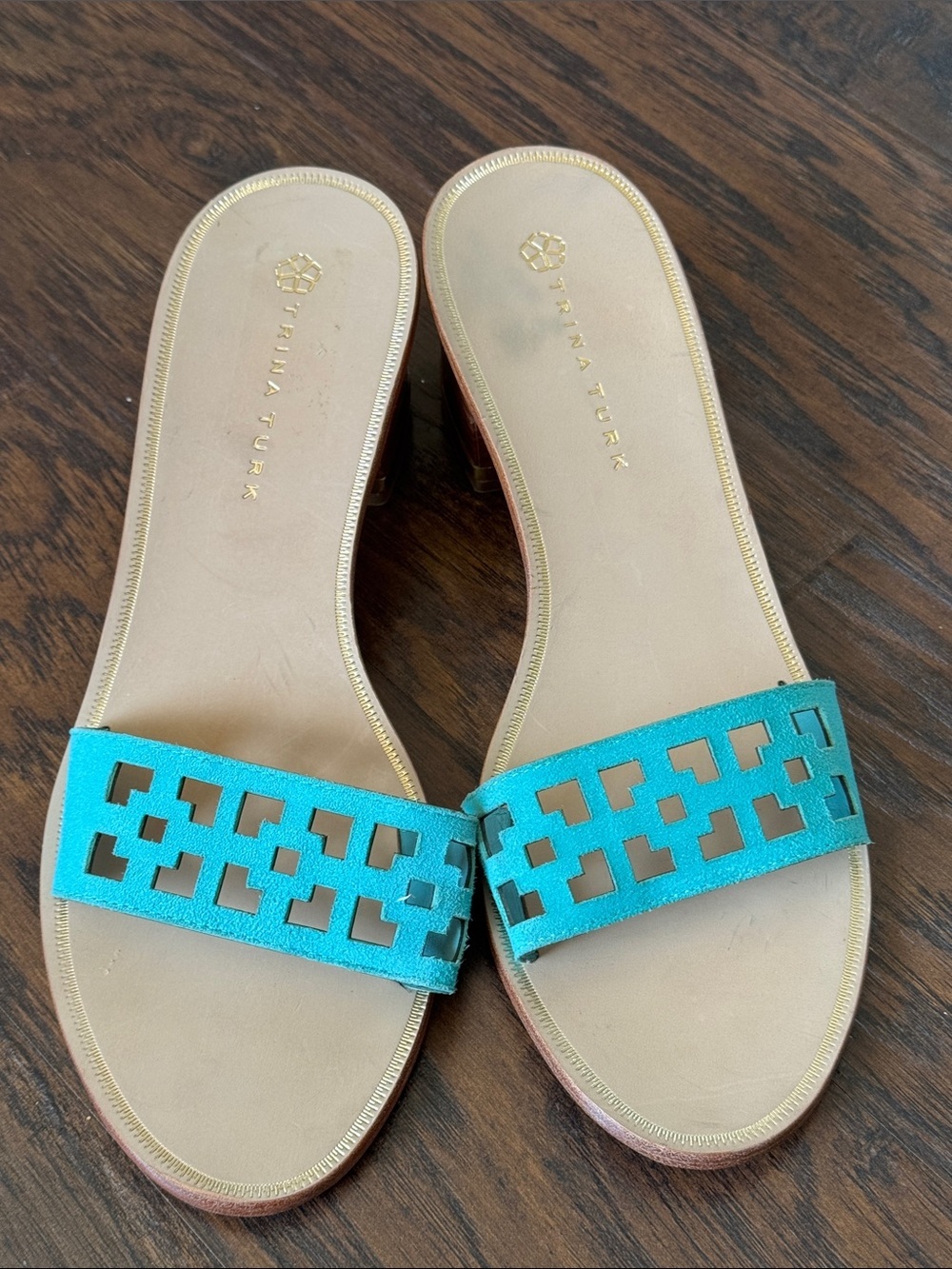 Trina Turk Suede Turquoise Cutout Slide Mules